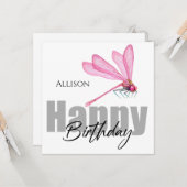 Happy Birthday Pink Dragonfly Personalisierter Nam Karte (Vorderseite/Rückseite Beispiel)