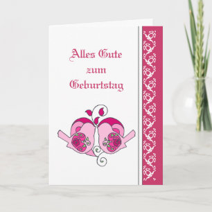 Happy Birthday Pink Floral Hearts Birds German Karte