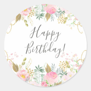 Happy Birthday Pink Floral Runder Aufkleber