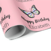 Happy Birthday Pink Girl's Name Butterfly Geschenkpapier (Rolleneckpunkt)