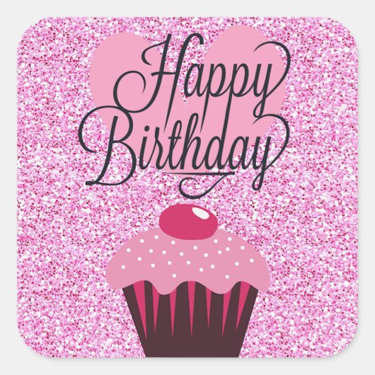 Happy Birthday Pink Glitzer Cupcake Stickers (Vorderseite)