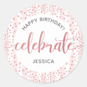 Happy Birthday Pink Glitzer Script White Stripes Runder Aufkleber (Vorderseite)