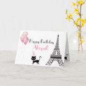 Happy Birthday Pink Heart Eiffel Tower Cat Karte (Gelbe Blume)