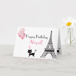 Happy Birthday Pink Heart Eiffel Tower Cat Karte