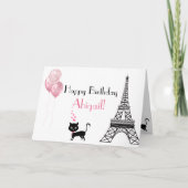 Happy Birthday Pink Heart Eiffel Tower Cat Karte (Vorderseite)