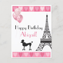 Happy Birthday Pink Heart Eiffel Tower Poodle Postkarte