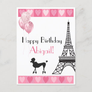 Happy Birthday Pink Heart Eiffel Tower Poodle Postkarte