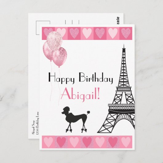 Happy Birthday Pink Heart Eiffel Tower Poodle Postkarte (Vorne/Hinten)