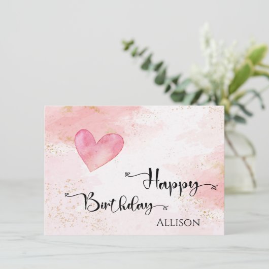 Happy Birthday Pink Heart Watercolor Karte (Stehend Vorderseite)