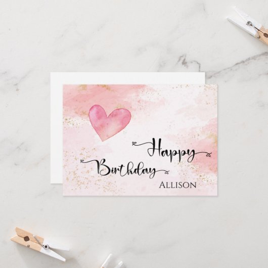 Happy Birthday Pink Heart Watercolor Karte (Vorderseite/Rückseite Beispiel)
