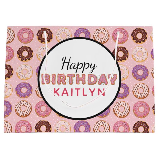 HAPPY BIRTHDAY Pink Iced Donuts Muster mit Namen Große Geschenktüte (Vorderseite)