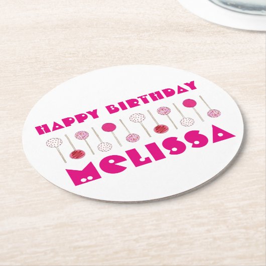Happy Birthday Pink Mattiert Cake Pops Gastgeschen Runder Pappuntersetzer (Angewinkelt)