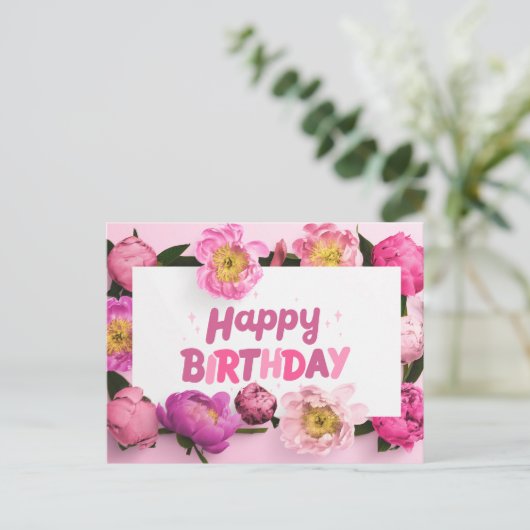 Happy Birthday Pink Peony Blume Postkarte (Stehend Vorderseite)