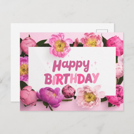 Happy Birthday Pink Peony Blume Postkarte (Vorne/Hinten)