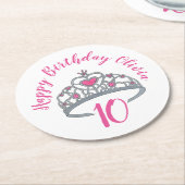 Happy Birthday Pink Princess Party Tiara Crown Runder Pappuntersetzer (Angewinkelt)