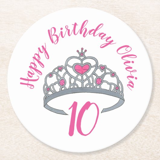 Happy Birthday Pink Princess Party Tiara Crown Runder Pappuntersetzer (Vorderseite)