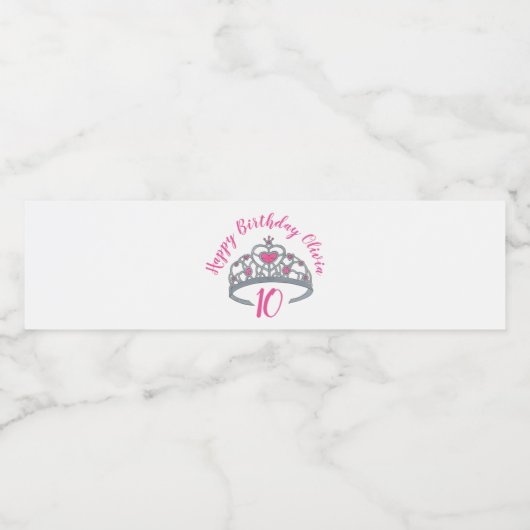 Happy Birthday Pink Princess Party Tiara Crown Wasserflaschenetikett (Einzelnes Label)