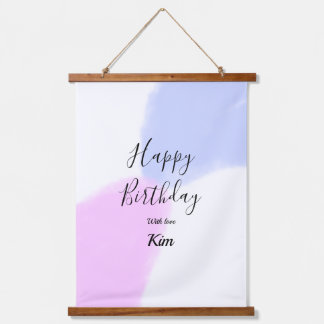 Happy birthday pink purple pastel name simple eleg wandteppich mit holzrahmen