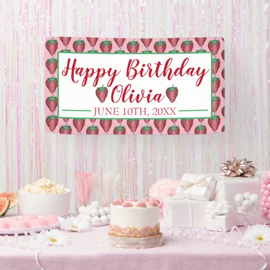 Happy Birthday Pink Red Sweet Strawberry Berries Banner (Party)