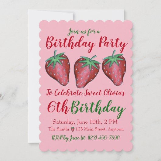 Happy Birthday Pink Red Sweet Strawberry Berries Einladung (Vorderseite)