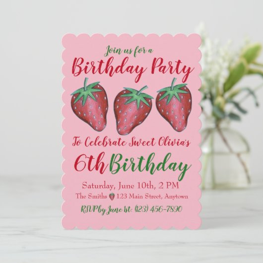 Happy Birthday Pink Red Sweet Strawberry Berries Einladung (Stehend Vorderseite)