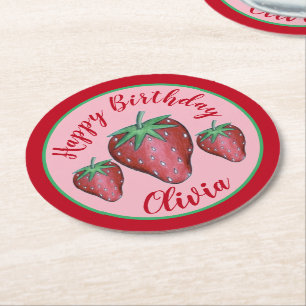 Happy Birthday Pink Red Sweet Strawberry Berries Runder Pappuntersetzer