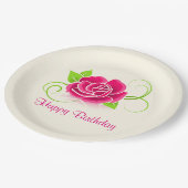 Happy Birthday Pink Rose Illustration Pappteller (Schrägansicht)