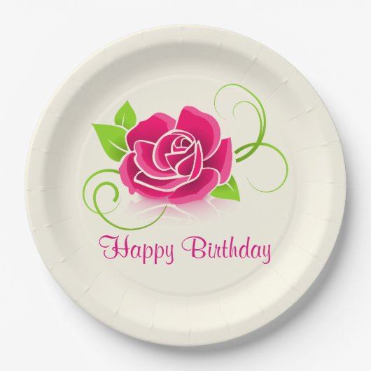 Happy Birthday Pink Rose Illustration Pappteller (Vorderseite)