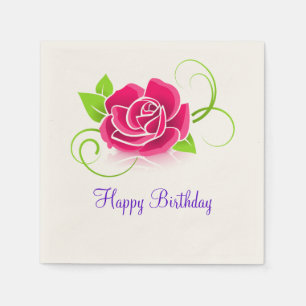 Happy Birthday Pink Rose Illustration Serviette