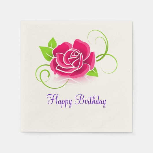 Happy Birthday Pink Rose Illustration Serviette (Vorderseite)