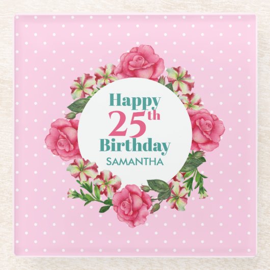 Happy Birthday Pink Rose Red White Petunia Polka Glasuntersetzer (Vorderseite)