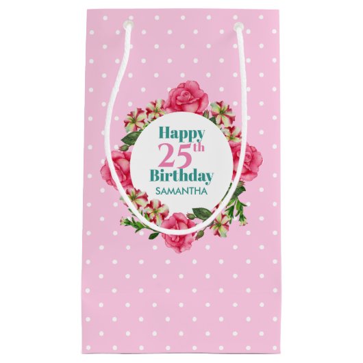 Happy Birthday Pink Rose Red White Petunia Polka Kleine Geschenktüte (Vorderseite)
