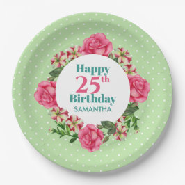 Happy Birthday Pink Rose Red White Petunia Polka Pappteller