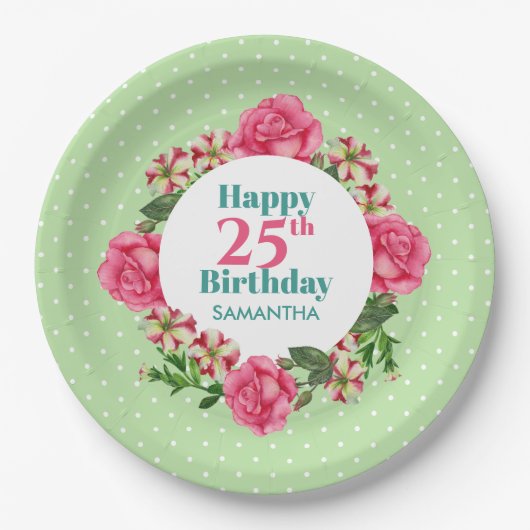 Happy Birthday Pink Rose Red White Petunia Polka Pappteller (Vorderseite)