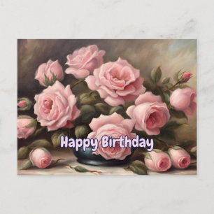 Happy Birthday Pink Roses in Vase Postkarte