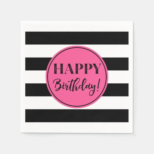 Happy Birthday Pink Schwarz-weiß Stripes Napkins Serviette (Vorderseite)