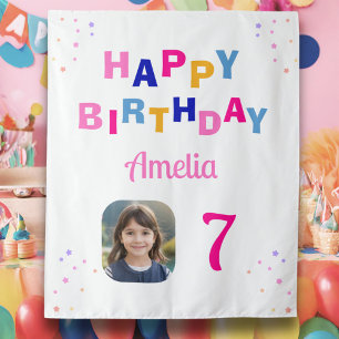 Happy Birthday Pink Stars Girl Foto Hintergrund Wandteppich