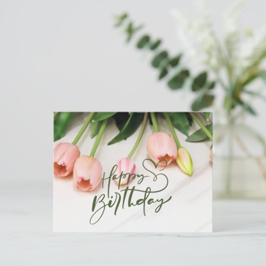Happy Birthday Pink Tulip Blume Postkarte (Stehend Vorderseite)