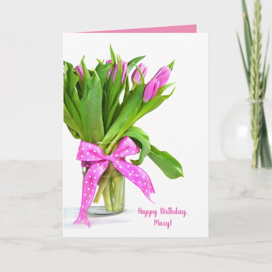 Happy Birthday Pink Tulpen in Vase Karte (Vorderseite)