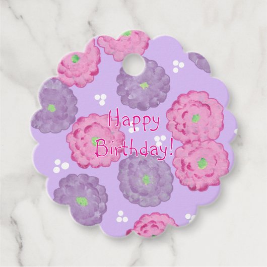 Happy Birthday Pink und Purple Blumen Geschenktast Geschenkanhänger (Vorderseite)