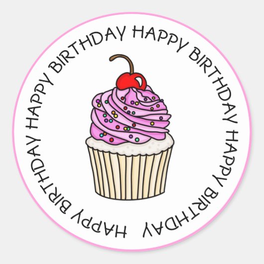 Happy Birthday Pink und Vanilla Cupcake Runder Aufkleber (Vorderseite)