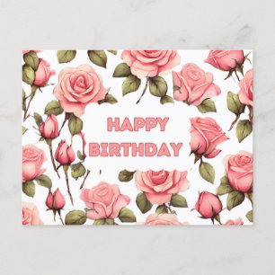 Happy Birthday Pink Watercolor Rose Postkarte