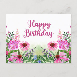 Happy Birthday Pink Watercolor Wildblumen Postkarte
