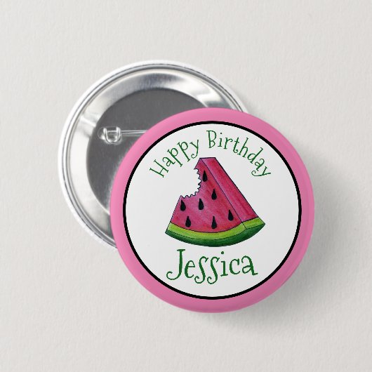 Happy Birthday Pink Watermelon Slice Frucht Picnic Button (Vorne & Hinten)