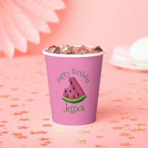 Happy Birthday Pink Watermelon Slice Frucht Picnic Pappbecher