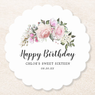 Happy Birthday Pink White Floral Untersetzer
