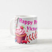 Happy Birthday Pink & White Stripe Baseball Kaffeetasse (Vorderseite Links)