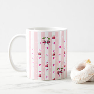 Happy Birthday Pink & White Stripe  Kaffeetasse