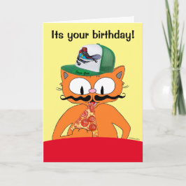 Happy Birthday Pizza Party Cartoon Cat Funny Karte