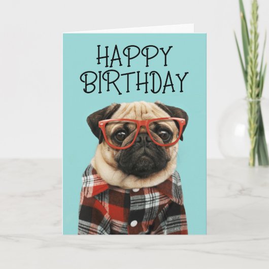 Happy Birthday | Plaid Shirt Pug Karte (Vorderseite)
